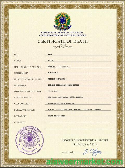 Brazil death certificate PSD template